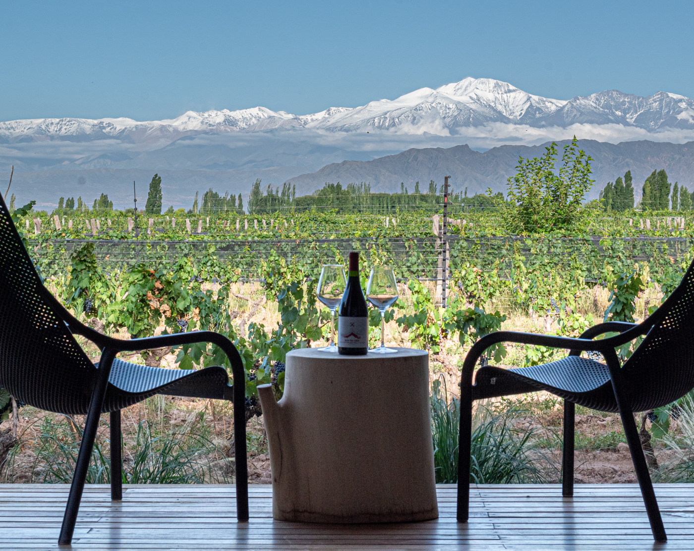 Two chairs and a bottle of Malbec on a lodge deck looking onto the vines and the Andes